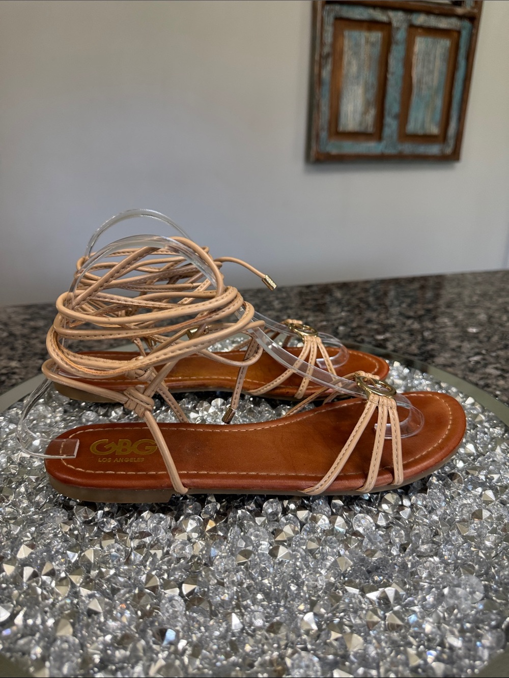 GBG Los Angeles Beige Lace-Up ankle strap Sandals with Gold G Emblem - Picture 8 of 10